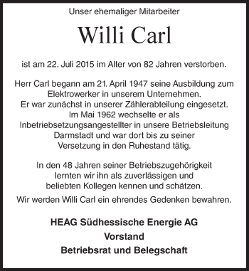 Traueranzeige von Willi Carl von trauer.echo-online.de