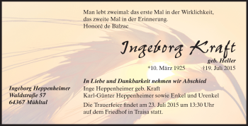 Traueranzeige von Ingeborg Kraft von Echo-Zeitungen (Gesamtausgabe)