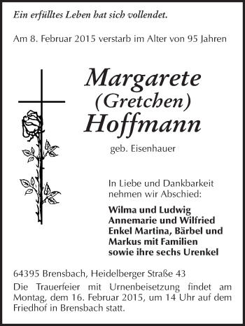 Traueranzeige von Margarete Hoffmann von Odenwälder Echo