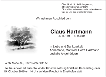 Traueranzeige von Claus Hartmann von trauer.echo-online.de