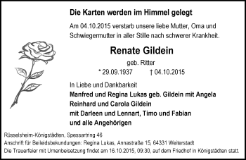 Traueranzeige von Renate Gilden von trauer.echo-online.de