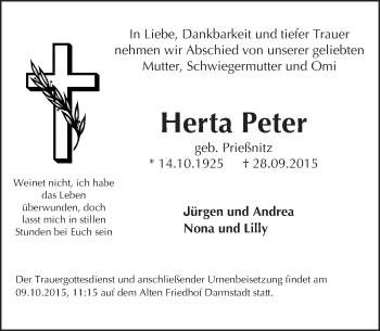 Traueranzeige von Herta Peter von trauer.echo-online.de