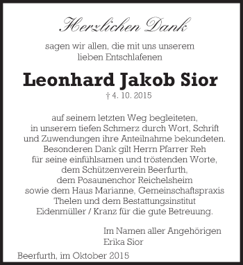 Traueranzeige von Leonhhard Jakob Sior von trauer.echo-online.de