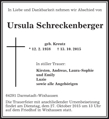 Traueranzeige von Ursula Schreckenberger von trauer.echo-online.de