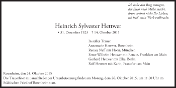 Traueranzeige von Heinrich Sylvester Hettwer von trauer.echo-online.de