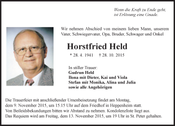 Traueranzeige von Horstfried Held von trauer.echo-online.de