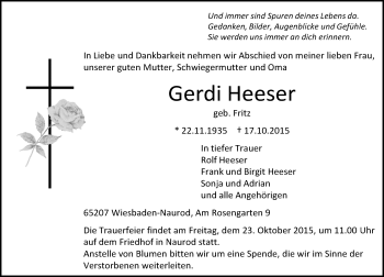 Traueranzeige von Gerdi Heeser von  WI-komplett