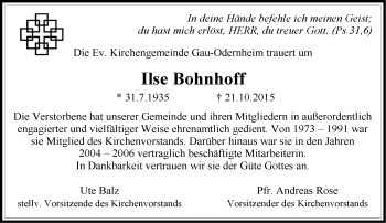Traueranzeige von Ilse Bohnhoff von  Alzey