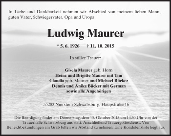 Traueranzeige von Ludwig Maurer von  Landskrone