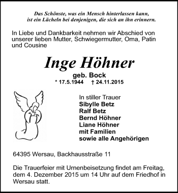 Traueranzeige von Inge Höhner von trauer.echo-online.de