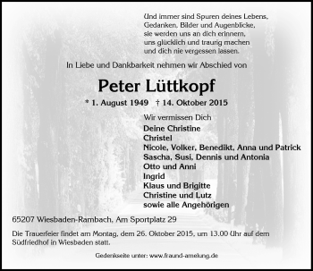 Traueranzeige von Peter Lüttkopf von  WI-komplett