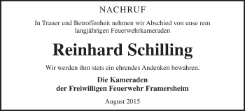 Traueranzeige von Reinhard Schilling von  Alzey
