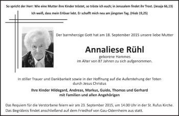 Traueranzeige von Annaliese Rühl von  Alzey
