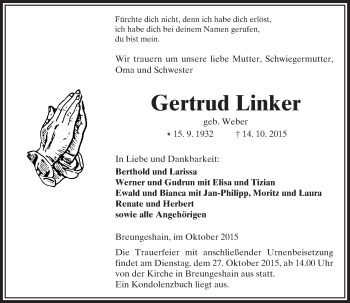 Traueranzeige von Gertrud Linker von  Kreisanzeiger