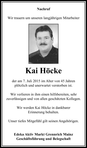 Traueranzeige von Kai Höcke von  Mainz