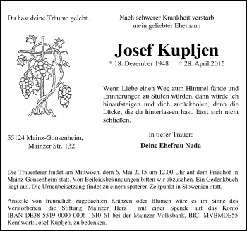 Traueranzeige von Josef Kupljen von  Mainz