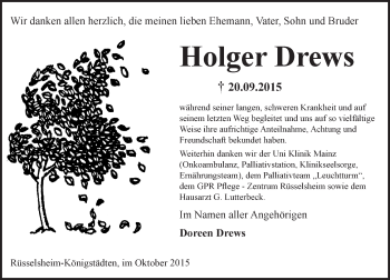 Traueranzeige von Holger Drews von  Mainspitze