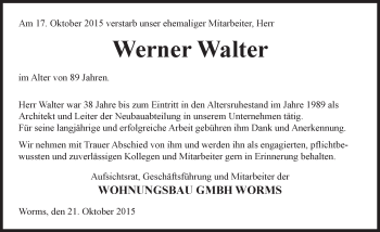 Traueranzeige von Werner Walter von  Worms