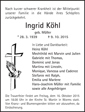 Traueranzeige von Ingrid Köhl von  Worms