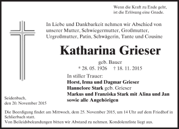 Traueranzeige von Katharina Grieser von trauer.echo-online.de