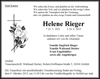 Traueranzeige von Helene Rieger von VRM Trauer