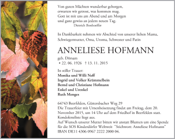 Traueranzeige von Anneliese Hofmann von trauer.echo-online.de