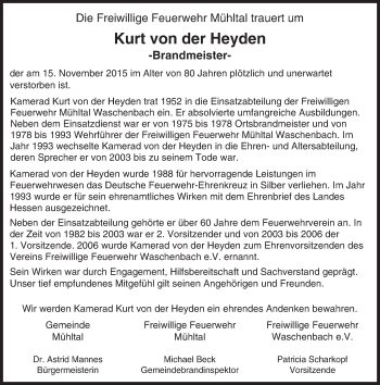 Traueranzeige von Kurt von der Heyden von trauer.echo-online.de