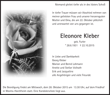 Traueranzeige von Eleonore Kleber von  Worms