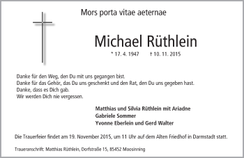 Traueranzeige von Michael Rüthlein von Darmstädter Echo
