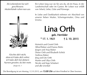 Traueranzeige von Lina Orth von  Kreisanzeiger
