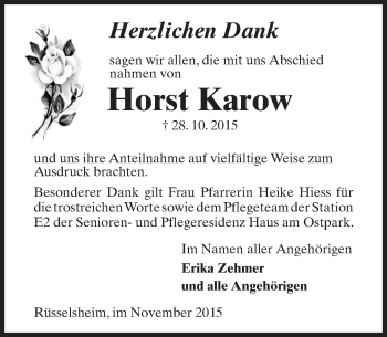 Traueranzeige von Horst Karow von trauer.echo-online.de