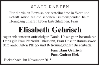 Traueranzeige von Elisabeth Gehrisch von trauer.echo-online.de