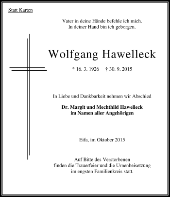 Traueranzeige von Wolfgang Hawelleck von VRM Trauer