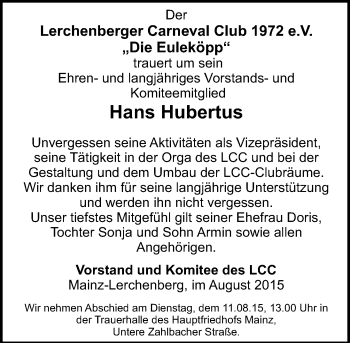 Traueranzeige von Hans Hubertus von  Mainz