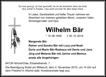Traueranzeige von Wilhelm Bär von trauer.echo-online.de