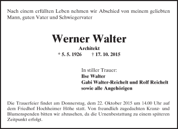 Traueranzeige von Werner Walter von  Worms