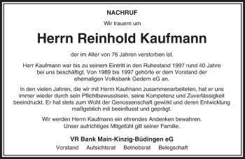 Traueranzeige von Reinhold Kaufmann von  Kreisanzeiger