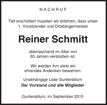 Traueranzeige von Reiner Schmitt von  Landskrone