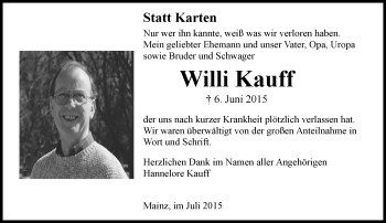 Traueranzeige von Willi Kauff von  Mainz