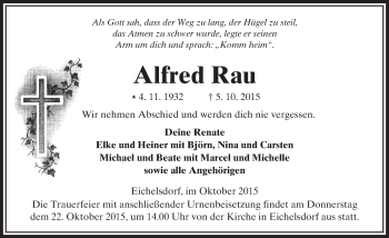 Traueranzeige von Alfred Rau von  Kreisanzeiger