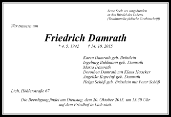 Traueranzeige von Friedrich Damrath von  Gießener Anzeiger