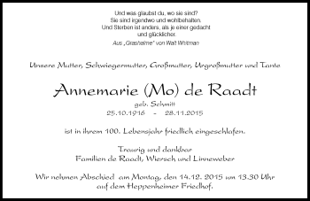Traueranzeige von Annemarie de Raadt von trauer.echo-online.de