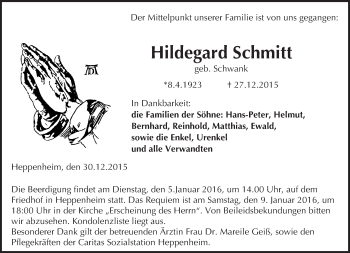 Traueranzeige von Hildegard Schmitt von trauer.echo-online.de