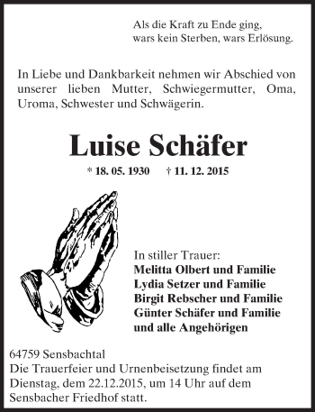 Traueranzeige von Luise Schäfer von trauer.echo-online.de