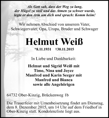 Traueranzeige von Helmut Weiß von trauer.echo-online.de