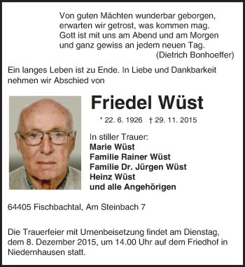 Traueranzeige von Friedel Wüst von trauer.echo-online.de