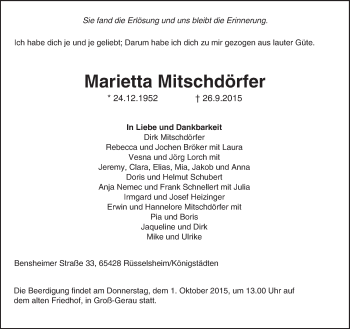 Traueranzeige von Marietta Mitschdörfer von trauer.echo-online.de