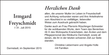 Traueranzeige von Irmgard Freyschmidt von trauer.echo-online.de