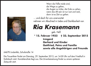 Traueranzeige von Ria Krasemann von trauer.echo-online.de