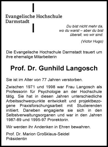 Traueranzeige von Gunhild Langosch von trauer.echo-online.de